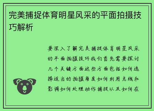 完美捕捉体育明星风采的平面拍摄技巧解析